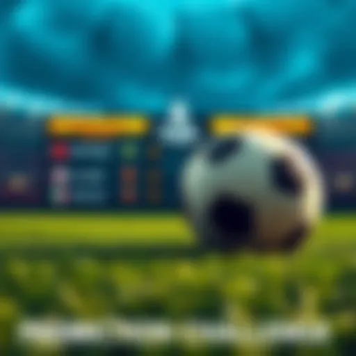 Premier League Prediction Challenge A soccer ball on a grassy field with a scoreboard showing three English Premier League matches, inviting predictions.