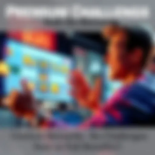 A person excitedly reviewing premium challenges and rewards on a screen, with coins and stars around them.