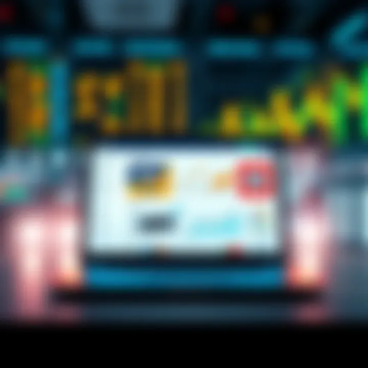 A laptop displaying a price aggregation website, showcasing product listings and prices from various sources, with graphs and charts in the background