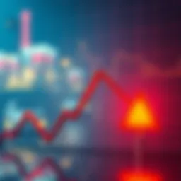 A downward graph showing a significant decline in prices with a warning sign indicating risks