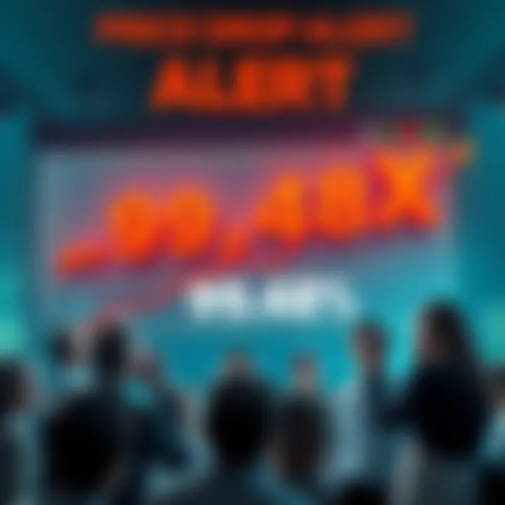 A chart showing a steep decline indicating a 99.48% drop in value, with concerned faces of people discussing around it.