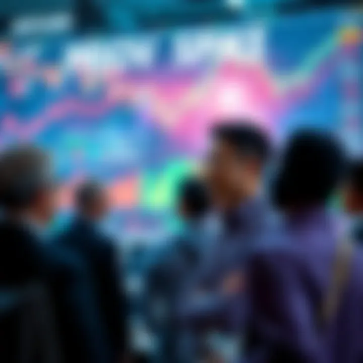 A group of people discussing market trends with charts and graphs in the background