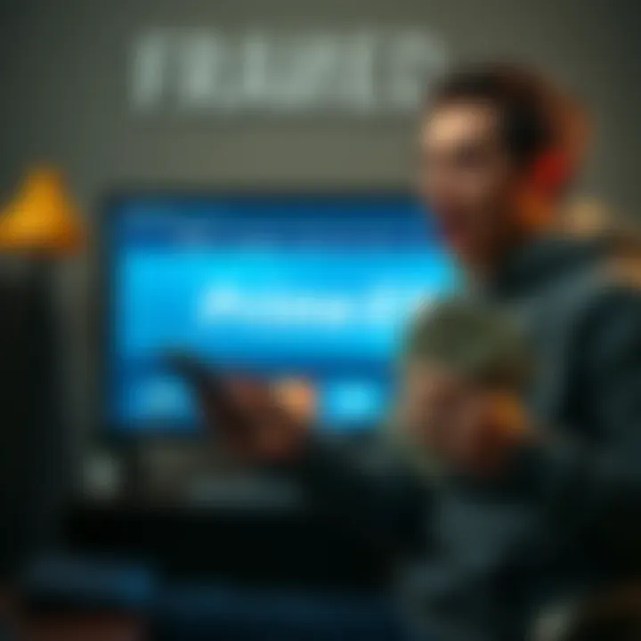 A person looking shocked while holding cash and a computer with the Prime_EX website on screen, symbolizing fraud loss