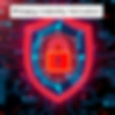 A digital shield representing privacy in identity verification with a lock symbol, emphasizing protection against fake accounts, in a tech-themed background.