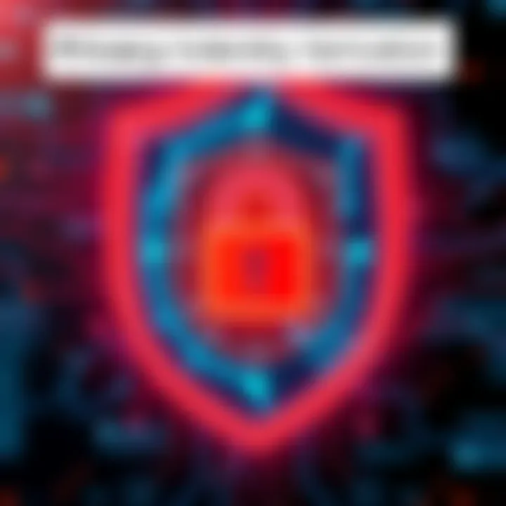 A digital shield representing privacy in identity verification with a lock symbol, emphasizing protection against fake accounts, in a tech-themed background.