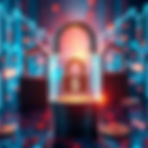 A visual representation of blockchain technology focused on privacy with locked padlocks and digital coins.