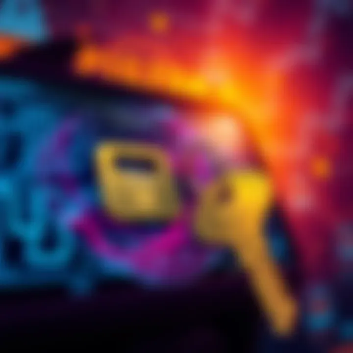 Private Key Illustration A visual representation of a private key with a Trezor 5 wallet on a digital screen, showing security features and importance for cryptocurrency storage.