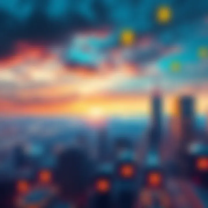 Pro-Crypto Future A futuristic city skyline with digital currency symbols in the sky, representing a Bitcoin-centered economy and its impact on society.