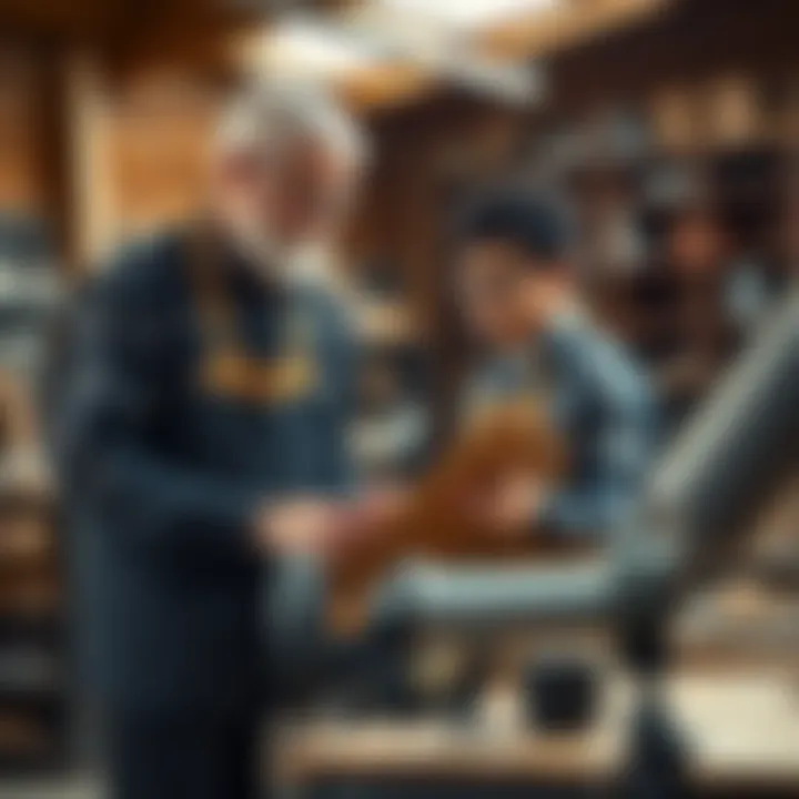 A seasoned professional stands next to a young apprentice, both discussing tools and techniques in a workshop setting, emphasizing the importance of mentorship