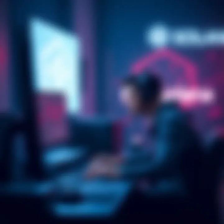 Solo developer working on a decentralized application on a computer with Solana logo in the background.