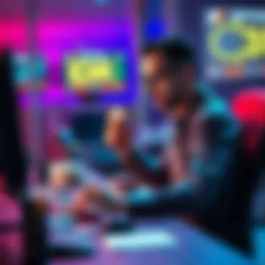 A person sitting at a computer, counting money, symbolizing earnings from rugpull scams in crypto.