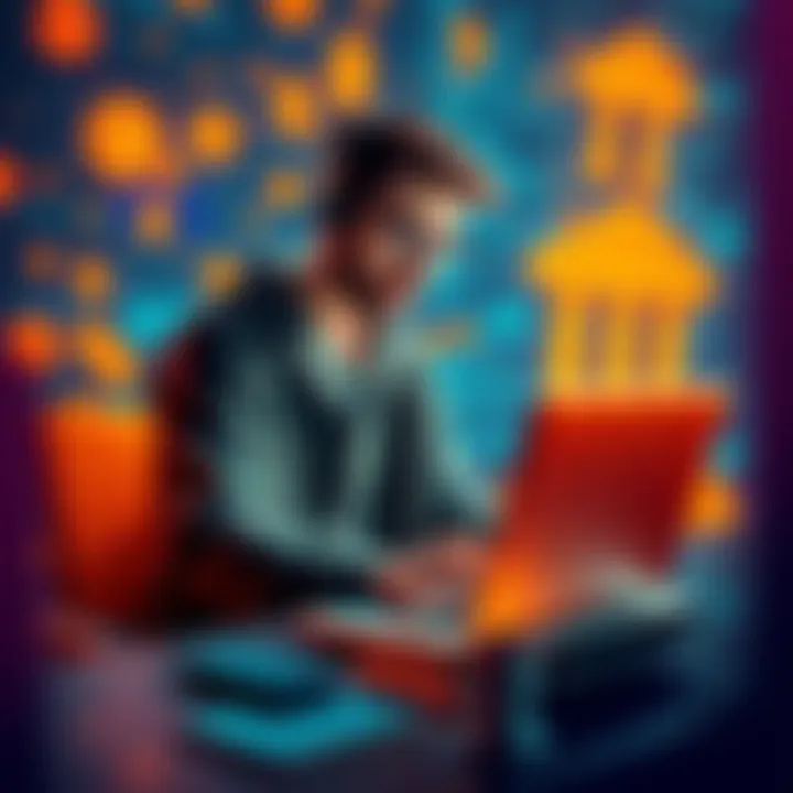 A passionate programmer working on a laptop, surrounded by bank symbols and code, representing a challenge to traditional banking systems.