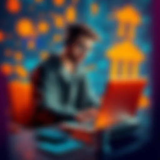 Programmer Coding Against Banks A passionate programmer working on a laptop, surrounded by bank symbols and code, representing a challenge to traditional banking systems.