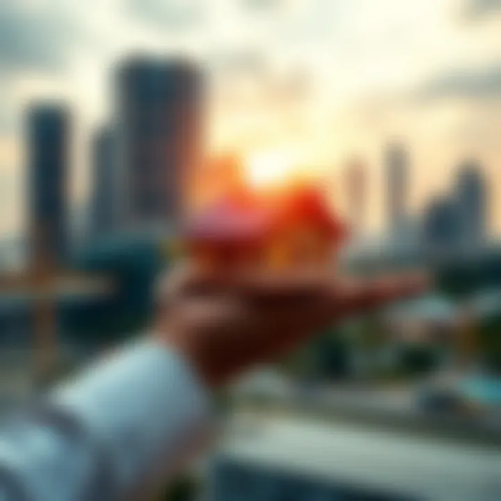 A person holding a house model while contemplating a city skyline with tall buildings, symbolizing the shift from Property 10 to Property 30.
