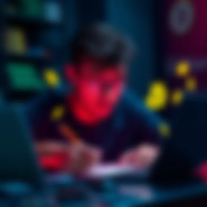 A person examining cryptocurrency icons on a laptop, looking concerned about potential scams. They are writing notes to track information.