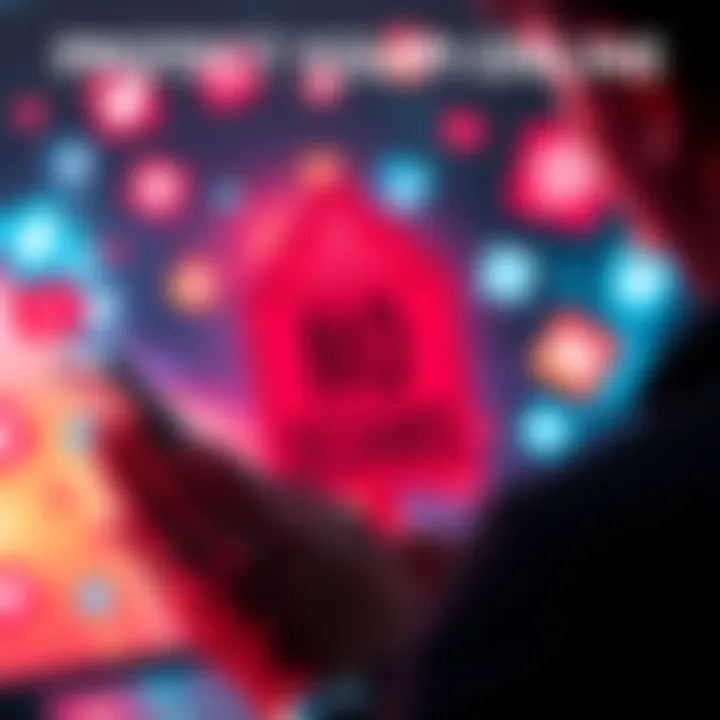 A person looking at a smartphone with warning signs about online scams, surrounded by social media icons.