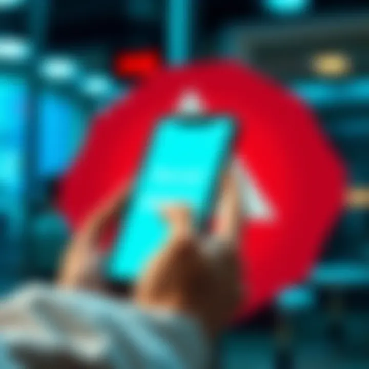 A person using a smartphone to check their Revolut banking app with a caution sign in the background