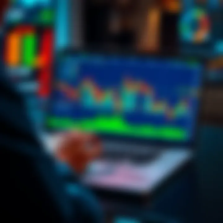 A person analyzing market trends on a laptop with stock charts showing downward movement and options contracts highlighted.