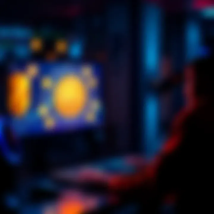 A person using a computer with Bitcoin symbols and a privacy shield graphic