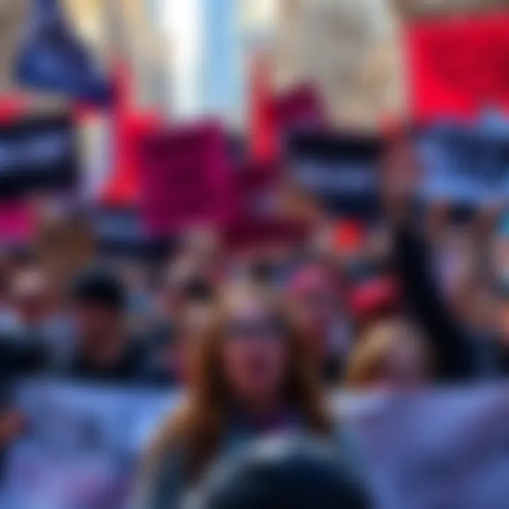 A crowd of protesters holding signs expressing opposition to Trump's cryptocurrency initiative, with banners highlighting financial risks and calls for action.