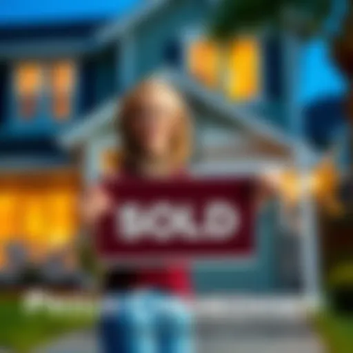 A happy community member stands in front of their sold home, smiling and holding a sold sign