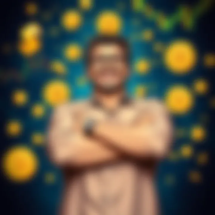 A person smiling with arms crossed, surrounded by financial charts and money symbols, celebrating their success without investing in Bitcoin.