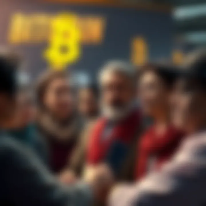 A diverse group of Americans discussing Bitcoin's value, showing varied opinions about its investment potential, with some looking optimistic and others skeptical.