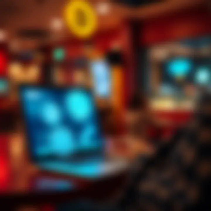 A person using a laptop at a cafe with visible cryptocurrency symbols on the screen, highlighting the use of public WiFi for hot-wallet transactions.