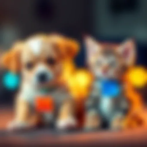 A playful puppy and a curious kitten sitting side by side, each wearing colorful name tags, symbolizing creative pet naming ideas.