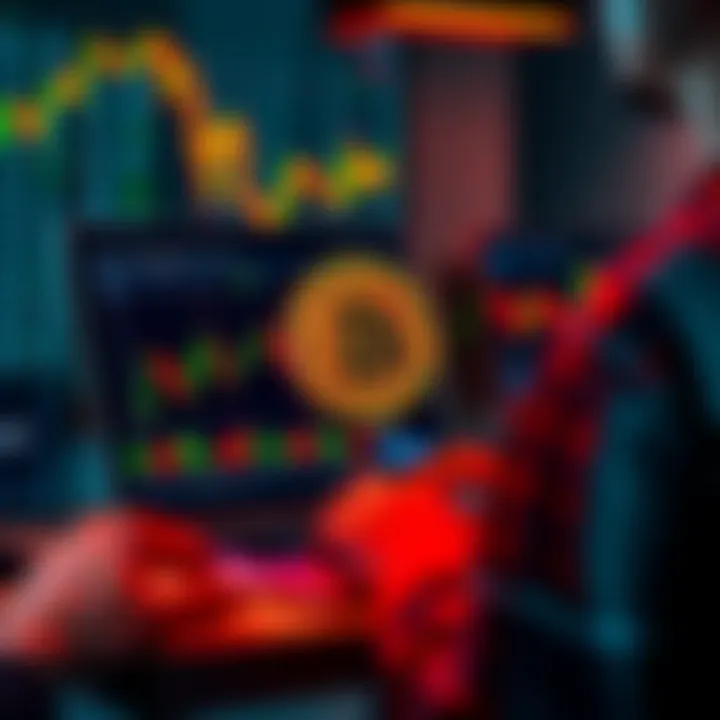 A person using a laptop to buy Bitcoin online with a chart showing prices in the background.
