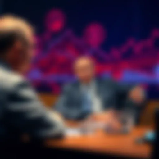 A senior advisor to Putin discusses US plans to shift debt into stablecoins in a meeting, with a backdrop of economic symbols and graphs.