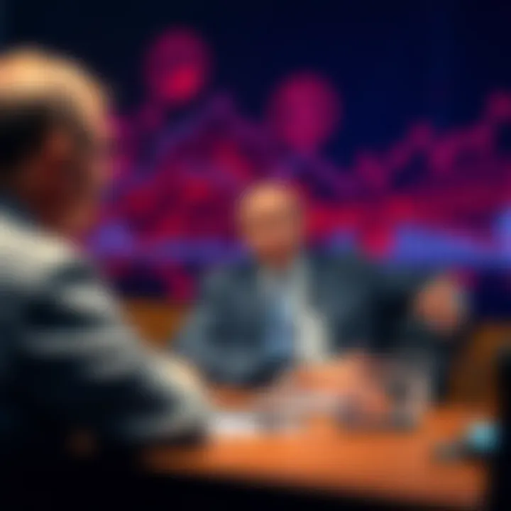 A senior advisor to Putin discusses US plans to shift debt into stablecoins in a meeting, with a backdrop of economic symbols and graphs.