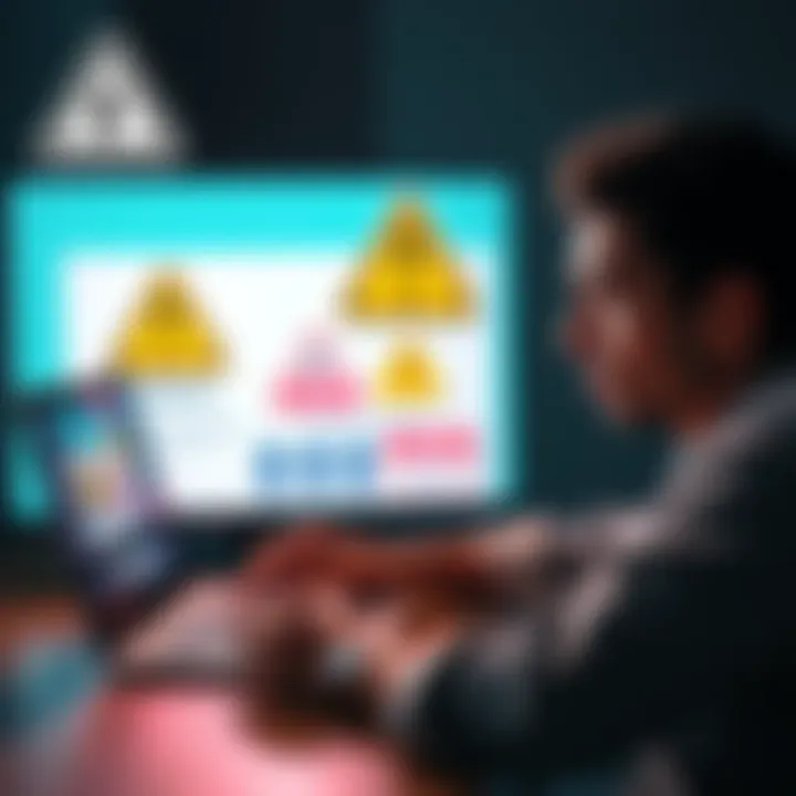 A person looking concerned while reading about pyramid schemes on a laptop, with warning signs displayed on screen