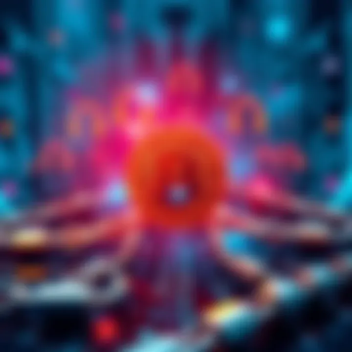 A visual representation of quantum computing symbols threatening blockchain technology, with digital locks and chains in the background.