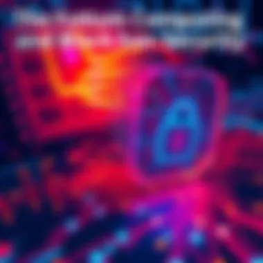 Quantum Computing and Blockchain Security A visual representation of quantum computing threatening blockchain security, showing a lock symbol transitioning to a quantum computer with glowing circuits.