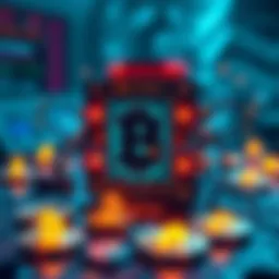A depiction of a quantum computer with glowing circuits looming over Bitcoin symbols, representing the threat to cryptocurrency security.