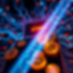 A representation of a quantum computer with glowing qubits overshadowing cryptocurrency symbols, illustrating potential threats to digital wallets.