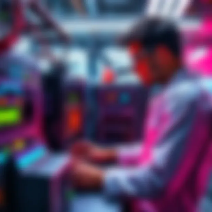 A scientist working in a lab, examining a quantum computer setup with advanced technology and equipment.