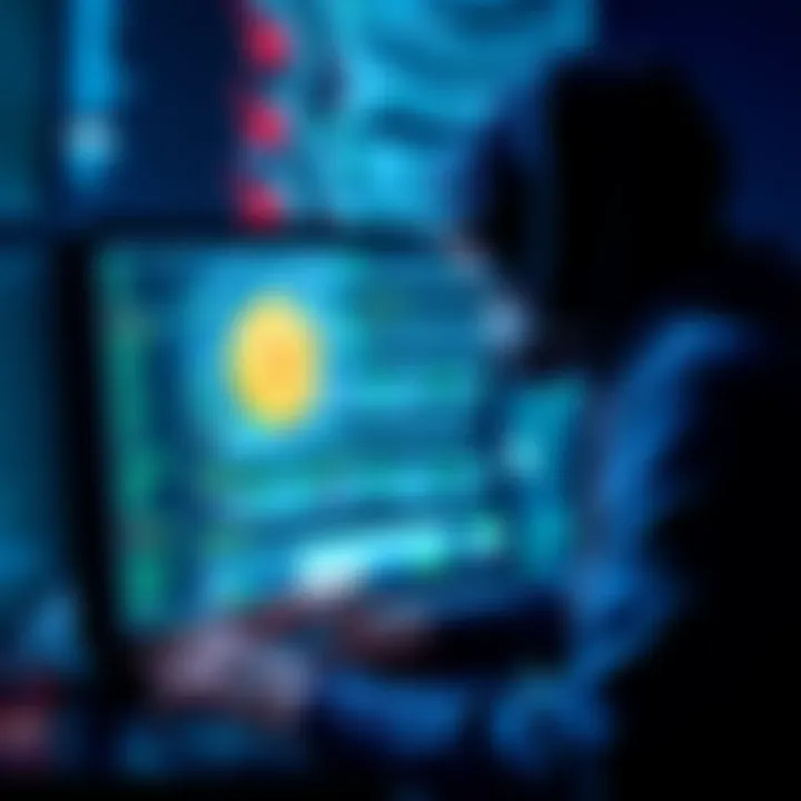 A hacker sits at a computer with code on the screen, Bitcoin symbol displayed, representing a threat to cryptocurrency security.