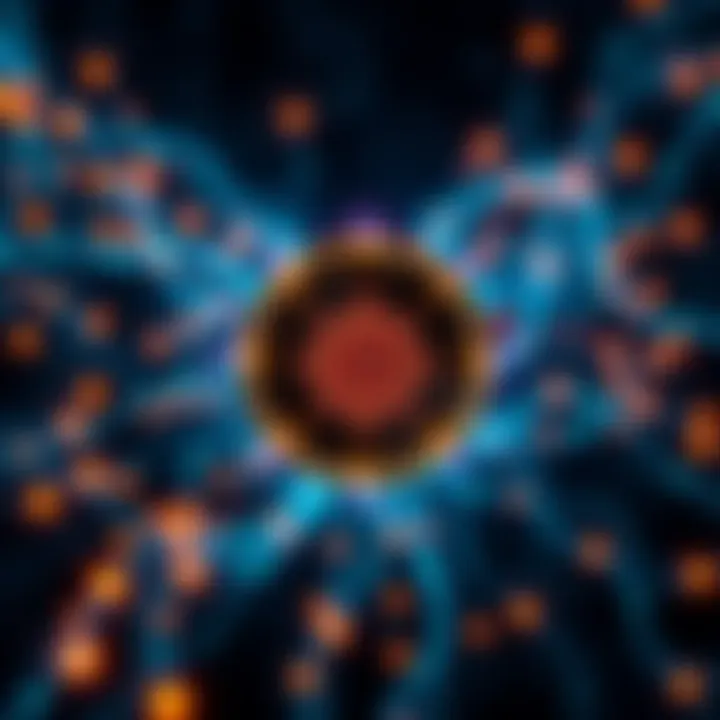 A digital representation of a secure blockchain network with quantum computing elements, symbolizing advanced security for digital assets.