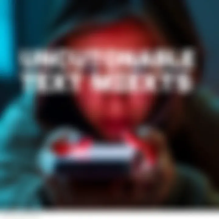 A person looking at a phone with suspicious text messages on the screen, showing concern and curiosity.