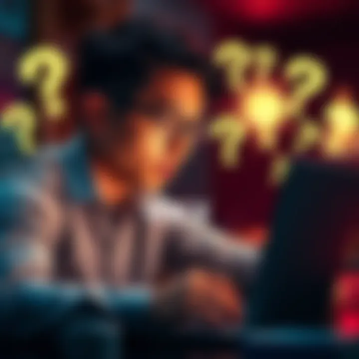 A person looking at a laptop screen with a thoughtful expression, surrounded by question marks, symbolizing the search for quick solutions to everyday questions.