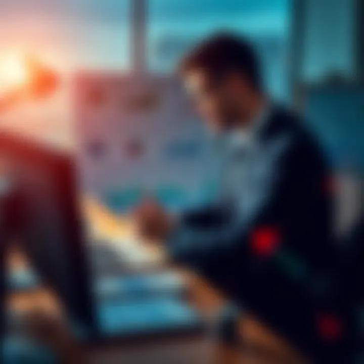 A person in business attire making a fast decision at a desk with charts and graphs nearby.