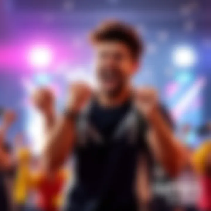 A person celebrating a quick win with a big smile, fists raised in excitement, in a vibrant setting