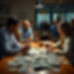 A group of people quietly discussing financial opportunities over coffee, with dollar bills spread on the table.