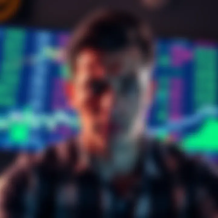 A person looking stressed while staring at a screen filled with fluctuating memecoin prices, symbolizing the gambling-like nature of investing in memecoins.