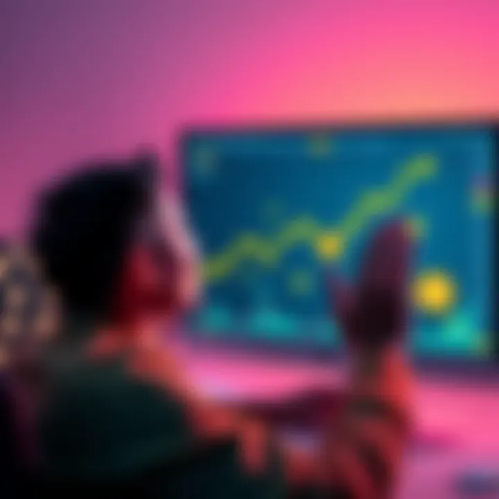 A person excitedly looking at a computer screen showing a rising R-Bitcoin graph with dollar signs around