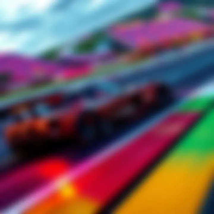 A sleek racing car speeding down a track with colorful scenery in the background, showcasing the excitement of the new racing game.