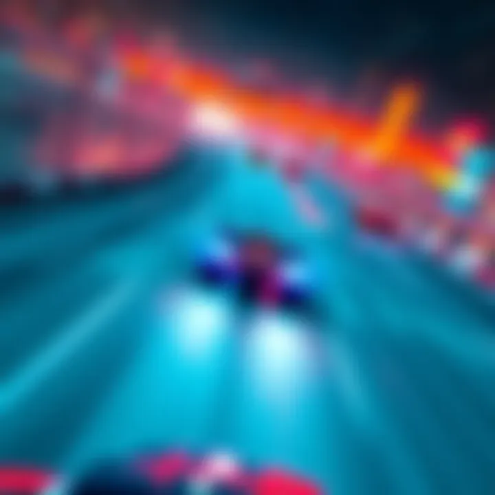 A vibrant scene showing a high-speed racing game with cars zooming on a track, evoking a sense of excitement and nostalgia for classic games like Temple Run.