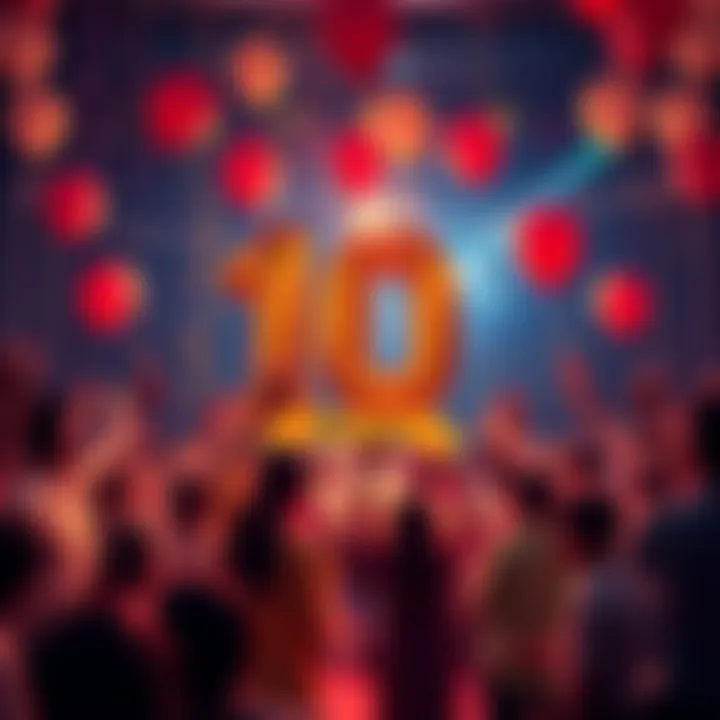 A festive scene showing people celebrating Raiz's ten-year anniversary with balloons and confetti, along with a banner announcing $10 gifts for everyone.